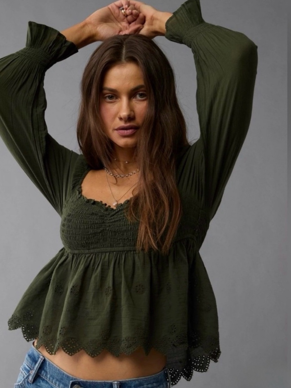 American Eagle Olive Green Smocked Peplum Long-Sleeve Top